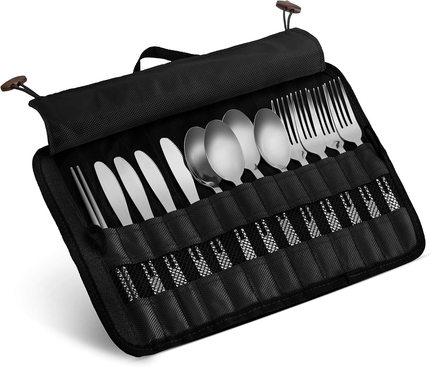 13 Piece Stainless Steel Family Cutlery Picnic Utensil Set with Travel Case for Camping | Hiking | BBQs - Includes Forks | Spoons | Knifes | Chopstick, Plus Nylon Commuter Case (Green)