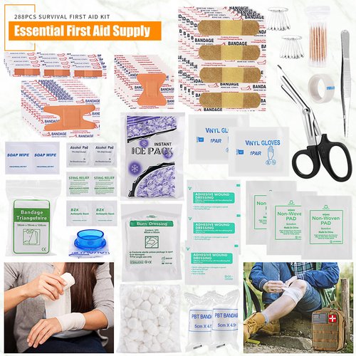 Survival First Aid Kit, Molle Medical Pouch 288PCS Outdoor Emergency Survival Gear and Equipment for Hiking Camping Hunting Car Boat Home Travel and Adventures, Gift for Him Men(Khaki)