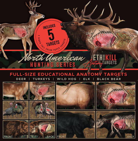Animal Targets Featuring Deer - Hog - Turkey - Elk - Black Bear. 2-Sided Full Size Paper Range Targets for Archery & Rifle Hunters - Realistic Anatomy Illustrations by EthiKill (5 Pack)…