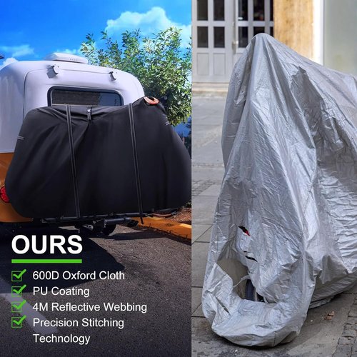 Bike Cover for Transport 2 Bikes - 600D Oxford fabric, PU coating, Waterproof & Heavy Duty, with 4m Reflective Webbing, Bicycle Rack Covers for Car Hitch Travel Storage