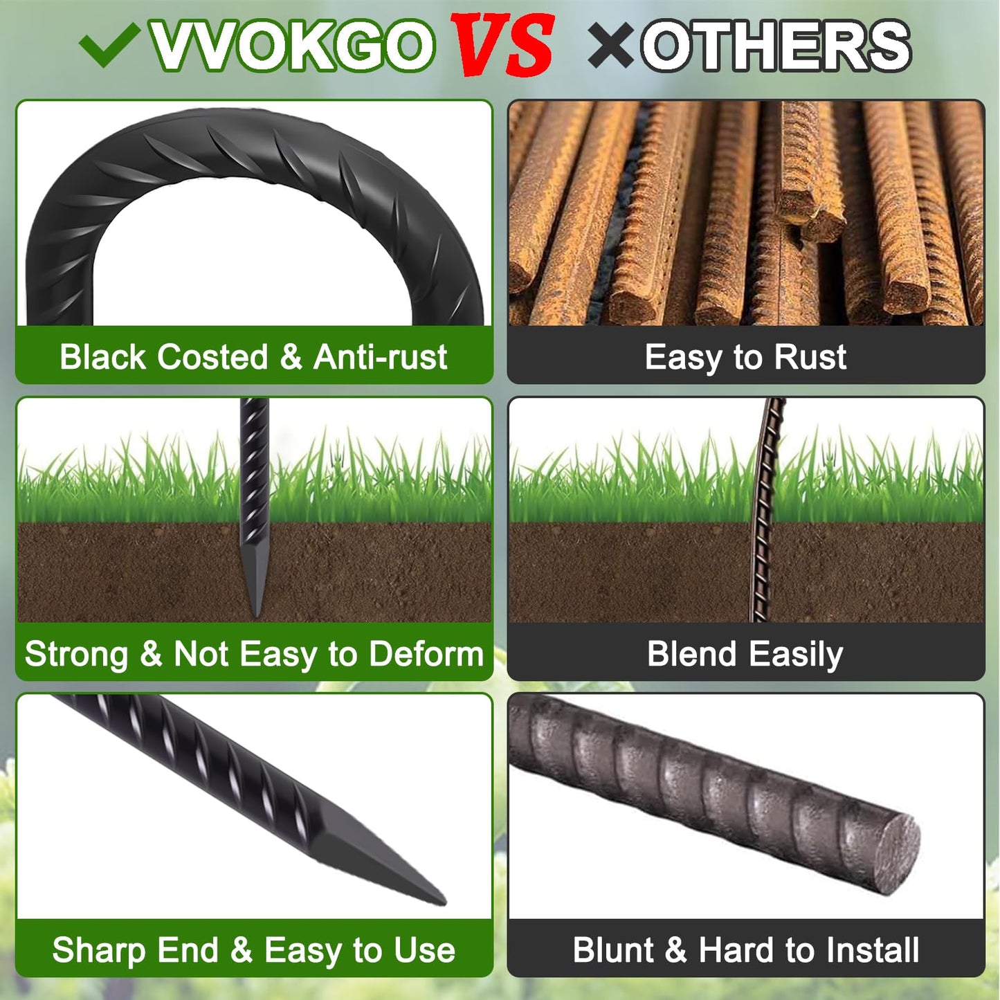 VVOKGO Rebar Stakes 12 Inches J Hook Heavy Duty Chain Link Fence Stakes, 8 Pcs Metal Long Tent Spikes Ground Anchors for Wire Fencing, Dogs Digging, Camping Tents, Swings, Greenhouse, Black