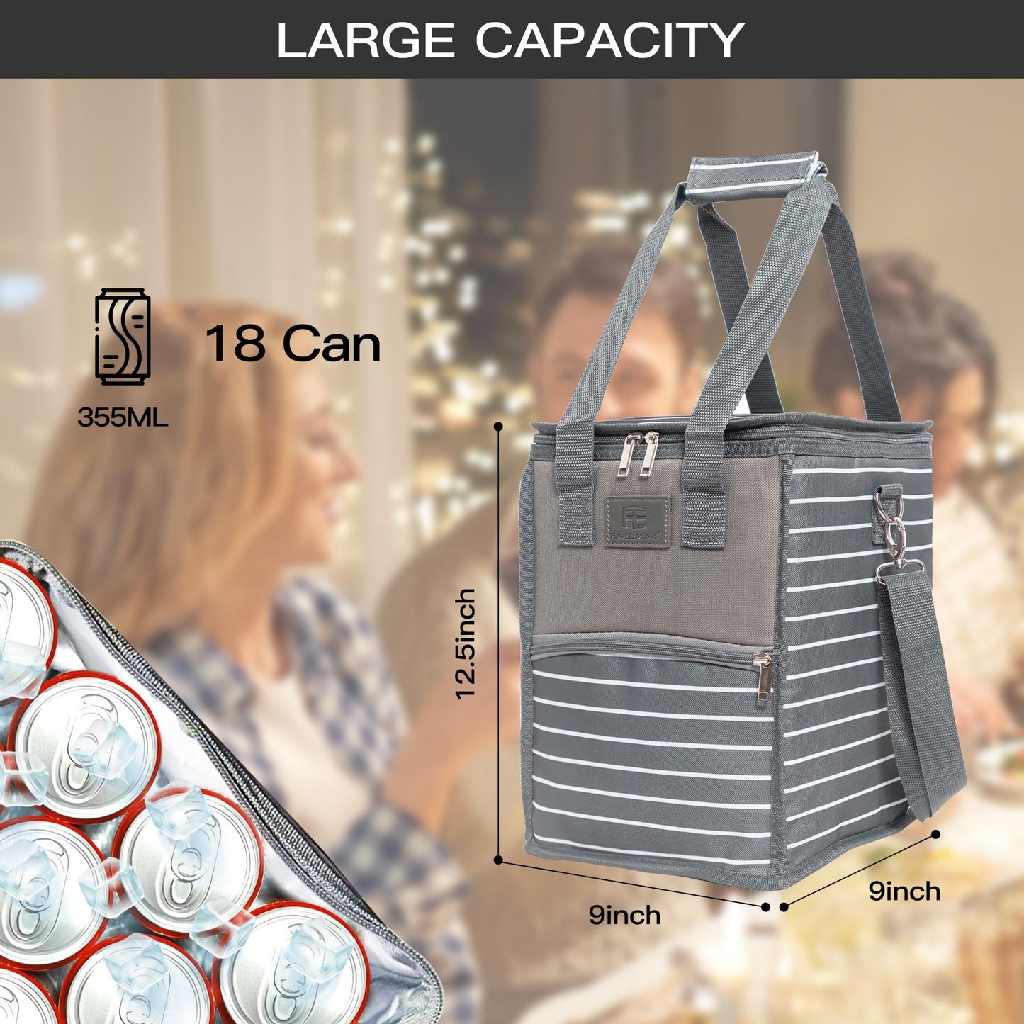 Fun Elements Insulated Cooler Bag, 18 Can Collapsible Leakproof Bag with Handle and Strap, Camping & Travel Cooler for Party, Beach, Picnic