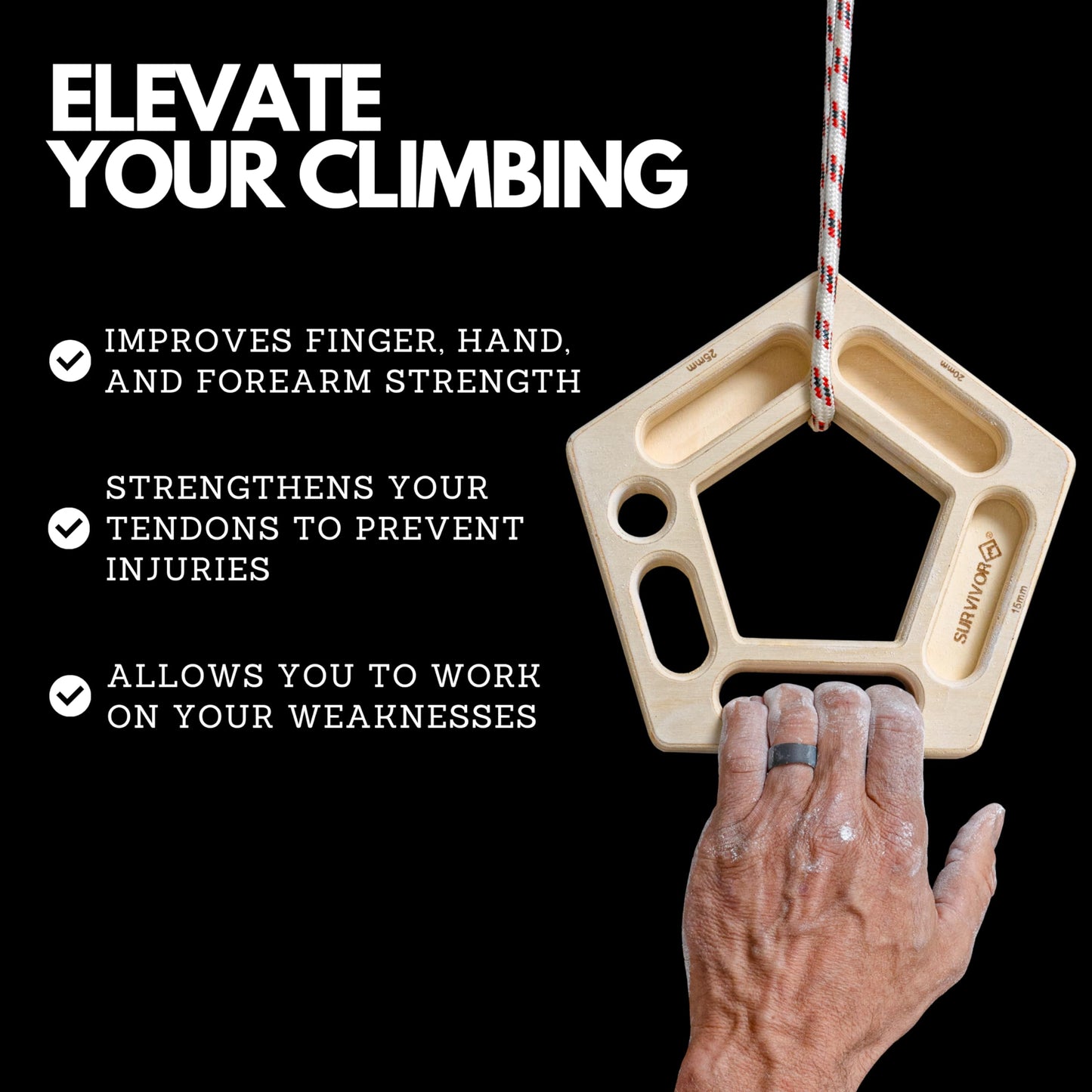 SURVIVOR Hangboard - Rock Climbing & Bouldering Training Board - Fingerboard for Hanging & Climbing Practice - Pull Up Holds for Increased Finger & Forearm Grip Strength (Pentaboard+)