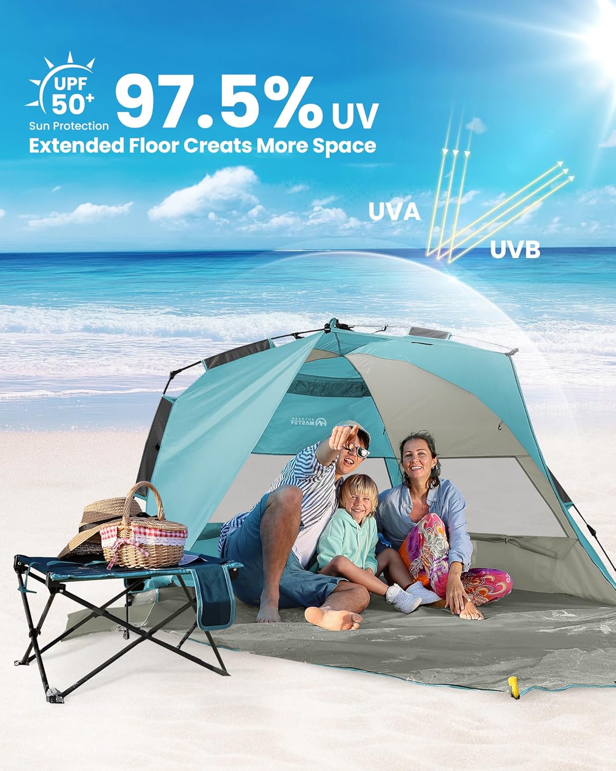 OutdoorMaster Beach Tent Sun Shelter for 3-4 Person, Pop Up Beach Tent Easy Setup with Sandbags, Portable Sun Shade Canopy with Carrying Bag for Beach & Outdoor, UPF50+ UV Protection, Family Size
