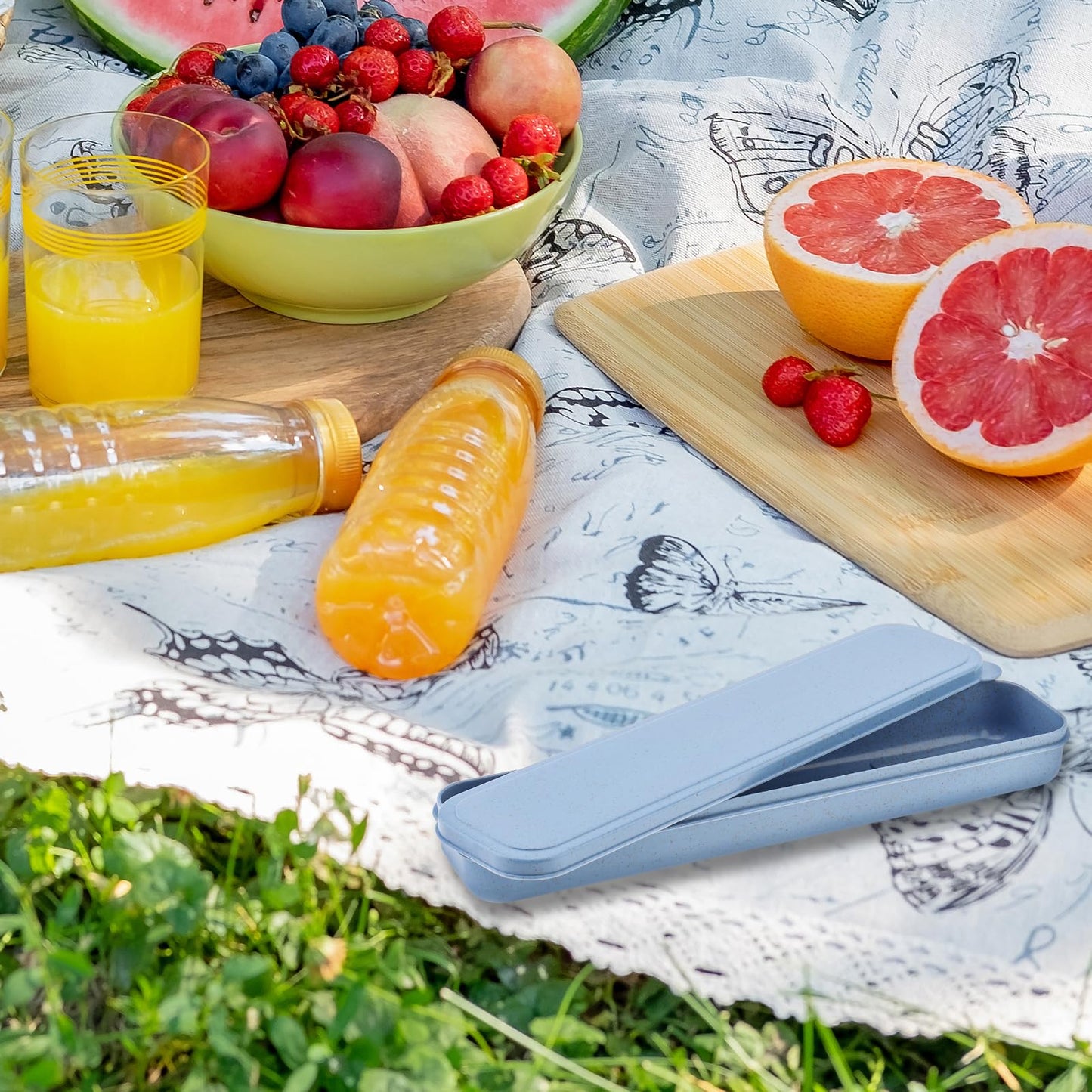 OriGlam 1pcs Reusable Utensils Wheat Straw Travel Cutlery Box, Portable Tableware Flatware Box for Picnic Camping (Blue)