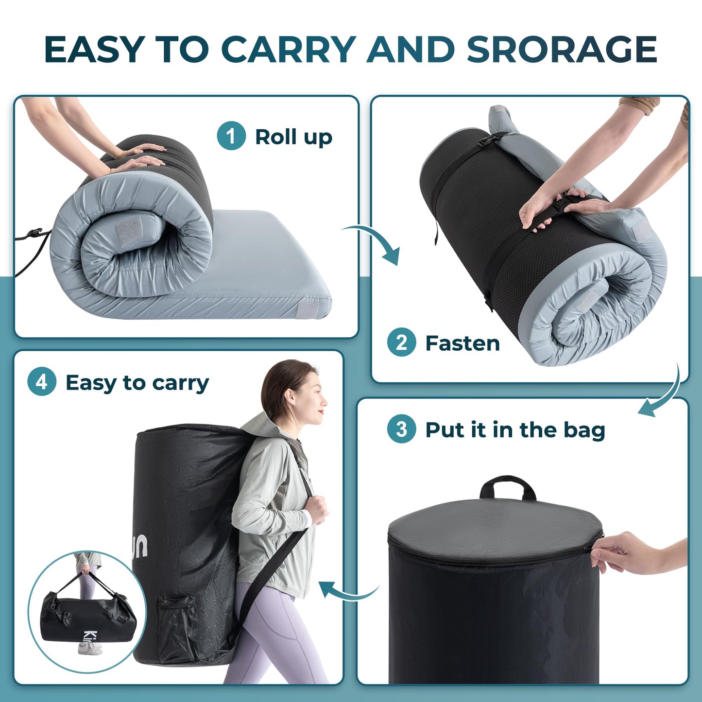 Kingfun Memory Foam Camping Sleeping Pad, CertiPUR-US Camping Mattress Waterproof Roll Up Mattress Guest Bed, Thick Floor Sleeping Mat for Car for Adults with Travel Bag