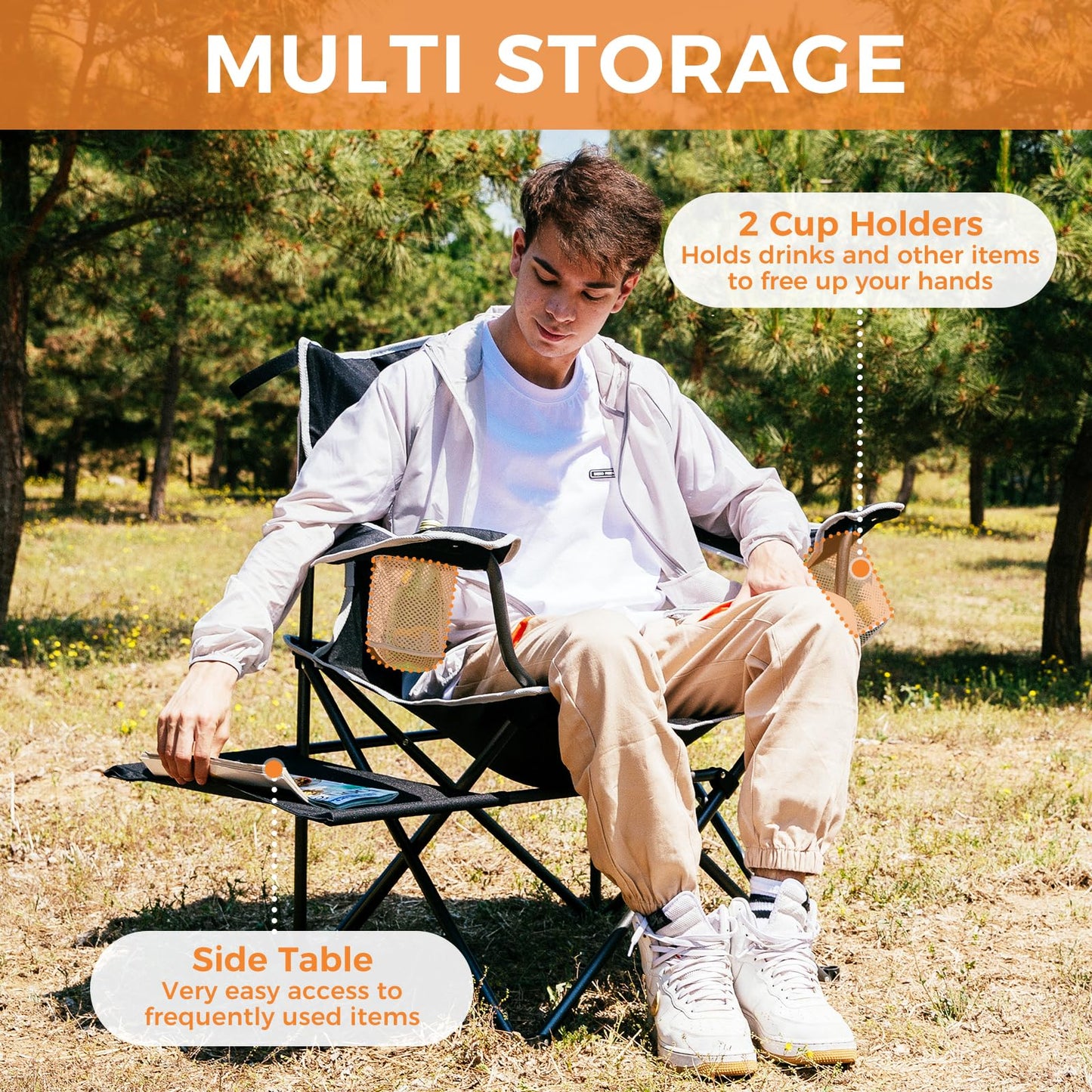 FUNDANGO Camping Chairs for Adults, Outdoor Camping Chairs with Side Table, 2Pack Lawn Chair with Carry Bag and Cup Holder for Garden, Camping, Picnic, BBQ, Concert, Support 300LBS