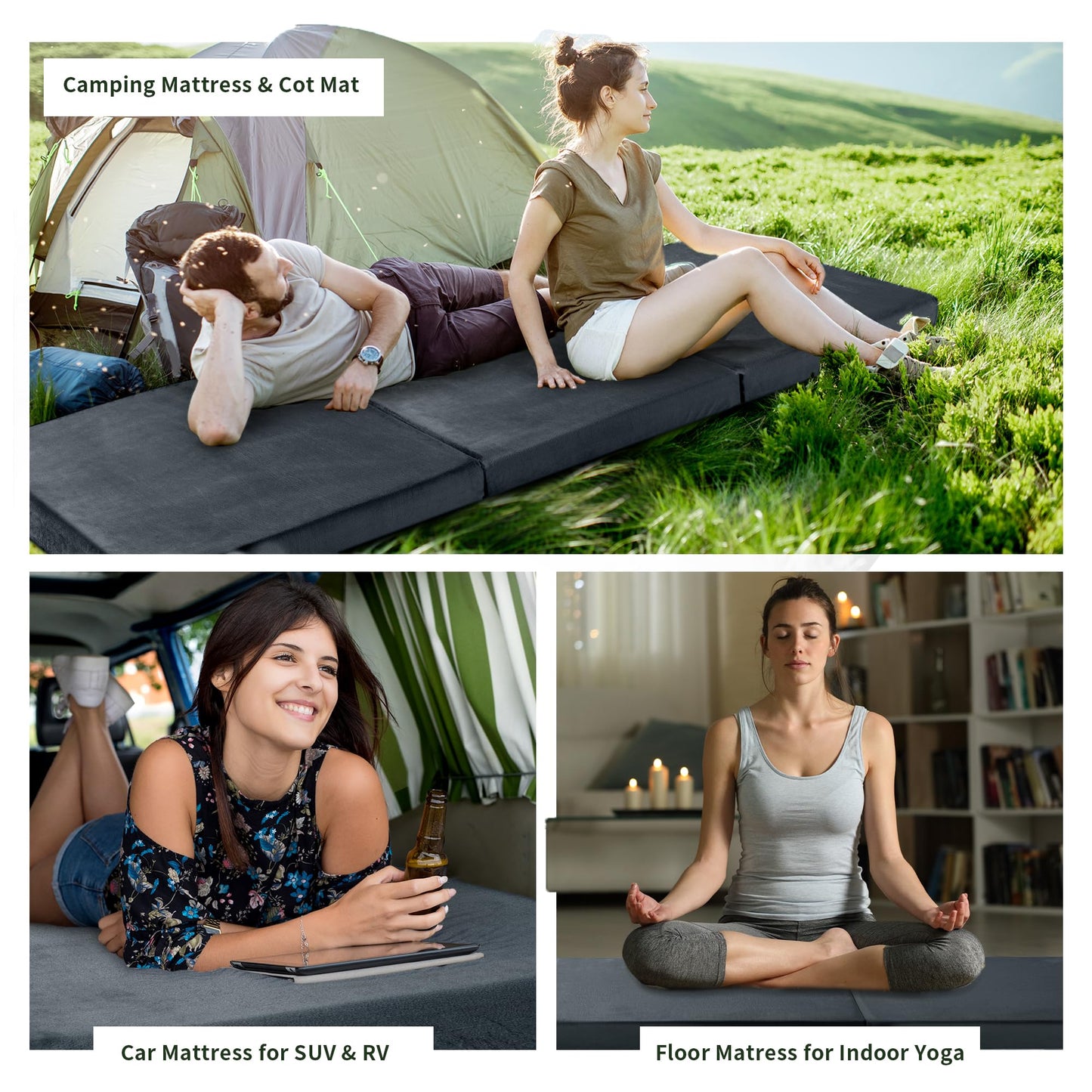 HOMBYS Tri Folding Memory Foam Camping Mattress for Outdoor Sleeping, Portable Waterproof Camping Pad Mat for Travel Truck Bed Tent,72" L x 24" W, Grey