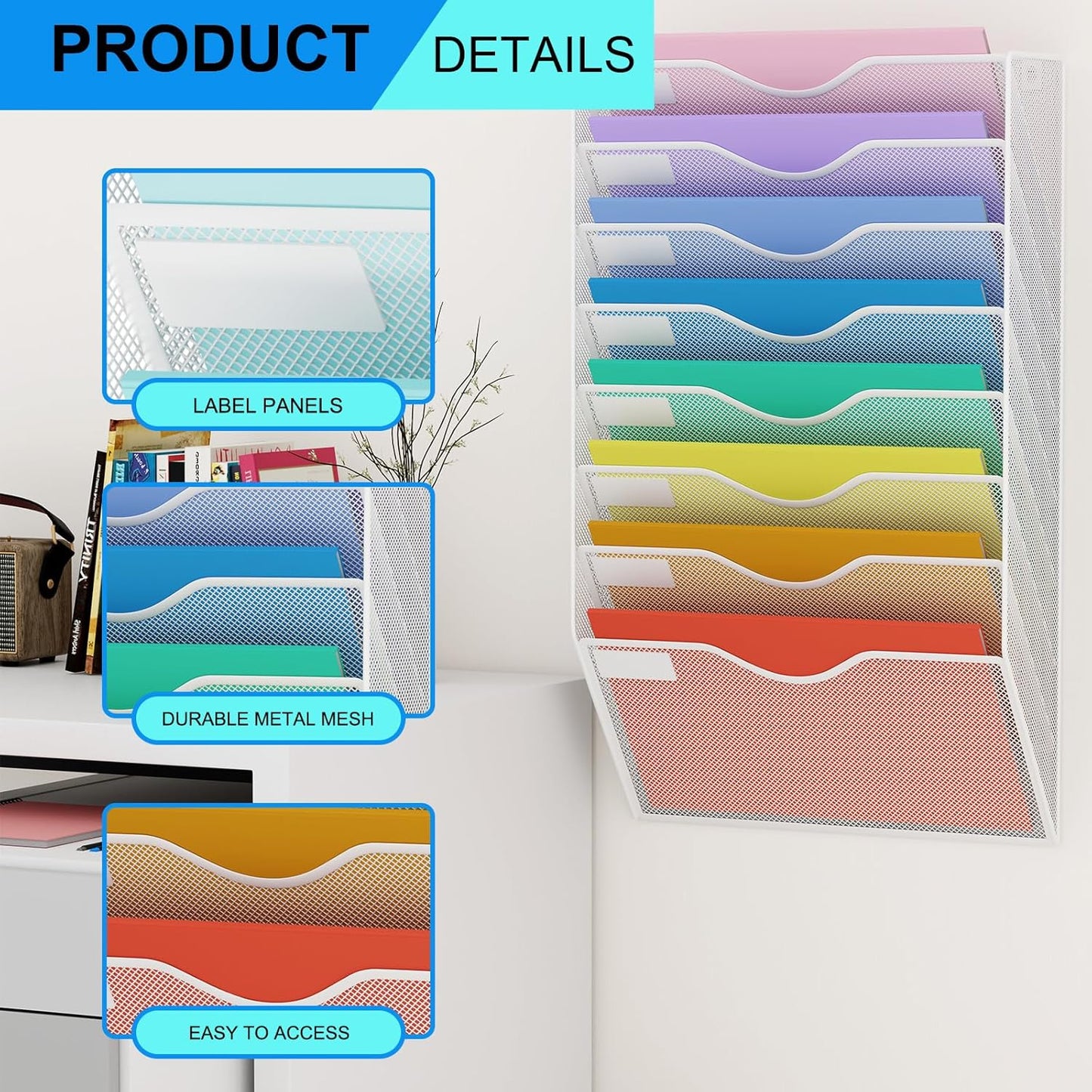 5 Pockets Mesh Hanging Wall File Holder Organizer Wall Mounted Paper Magazine Rack, Black