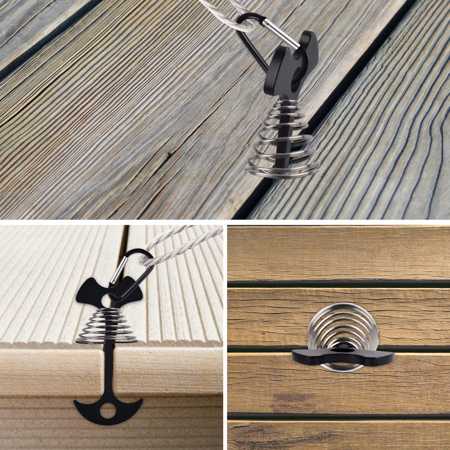 6Pcs Aluminium Alloy Fishbone Deck Anchors with Carabiners, Windproof Deck Anchor Pegs Tie Down Tent Stakes with Spring Buckle, Adjuster Tensioner Set for Furniture Camping Hiking (Black)