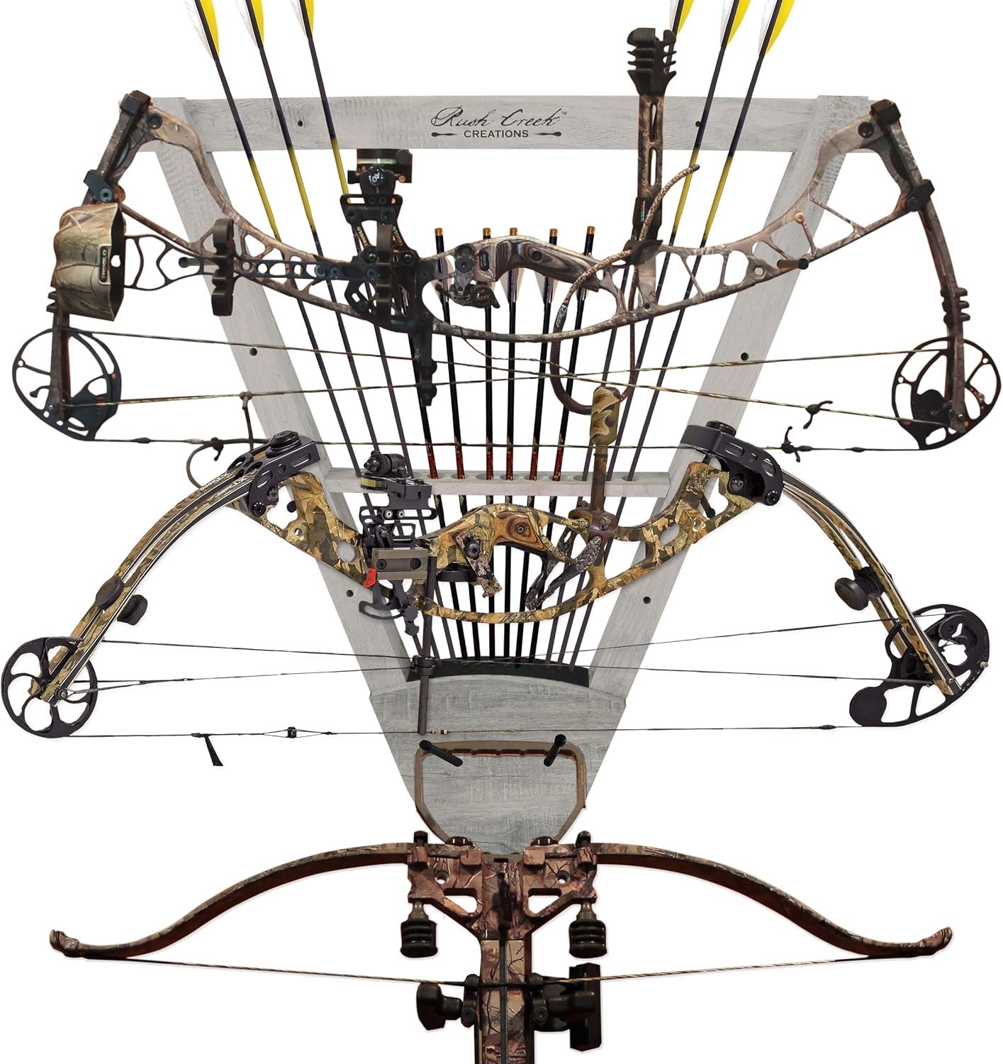 Rush Creek Creations Wall Mounted Bow and Arrow Display Rack for Hunting & Archery Accessories Real Tree 3-Bow Holder & 12-Arrow Storage Handcrafted Small Bows & Big Bow Hanger w/Arrow Holders