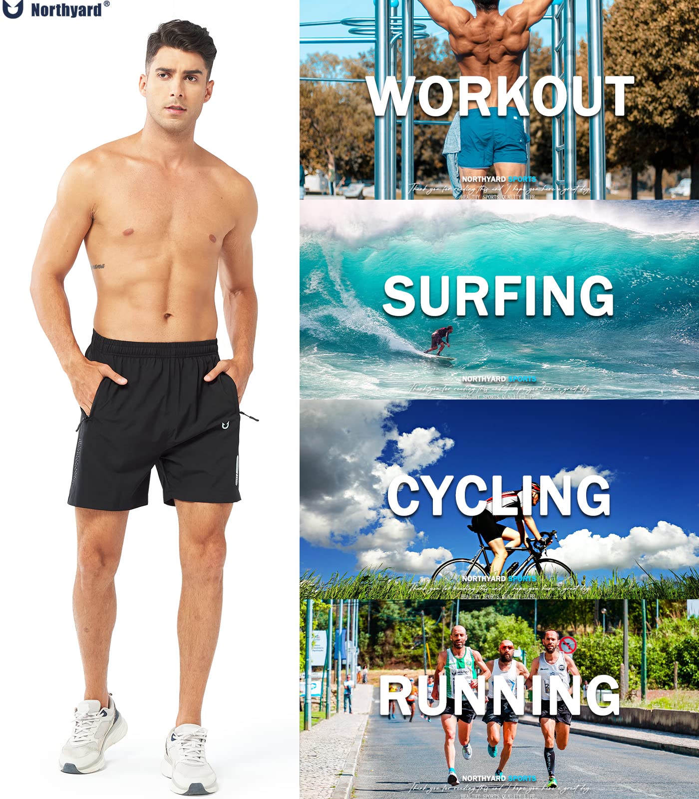 NORTHYARD Men's Athletic Running Shorts Gym Workout 7"/9"/5" Quick Dry Lightweight Sports Basketball Tennis 3 Zipper Pockets Black-5inch M