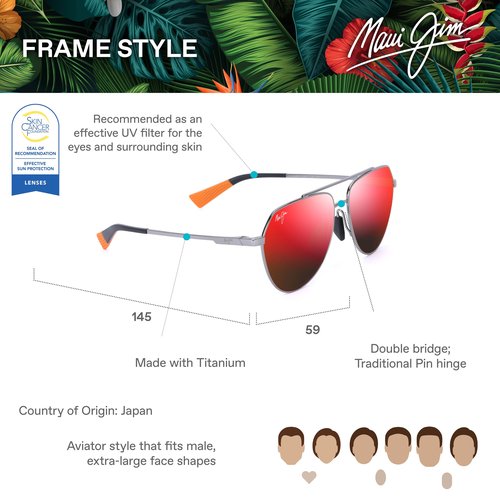 Maui Jim Waiwai Teardrop Sunglasses, Shiny Light Ruthenium/Hawaii Lava Polarized, Extra Large