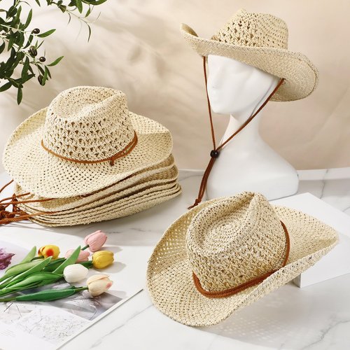 Newcotte 9 Pack Straw Cowboy Hats for Women Western Cowgirl Beach Sun Hat Bulk with Windproof Rope for Party Travel(Beige)
