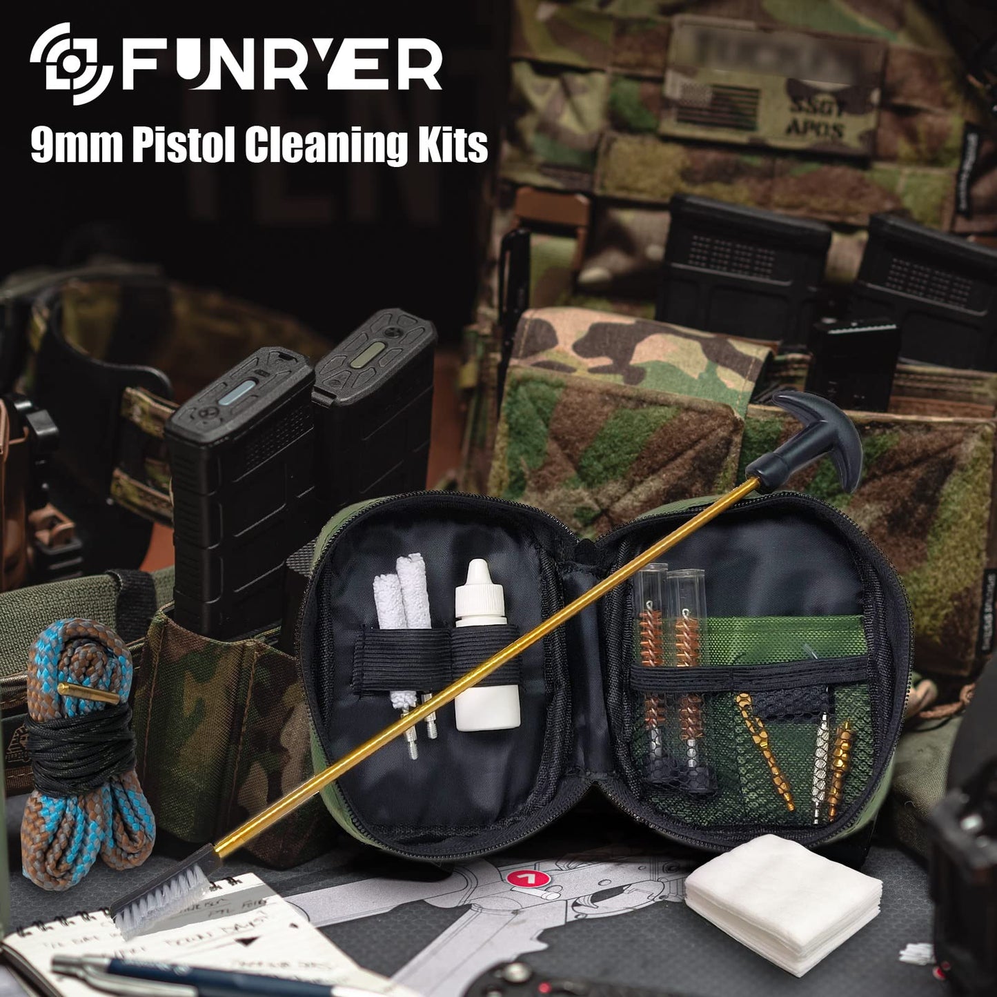 Funryer 9mm Pistol Cleaning Kit, Gun Cleaning Kits for .357 .38 Caliber with 9mm Gun Snake, Bronze Bore Brush, Brass Jag, Oil Bottle for Shooting