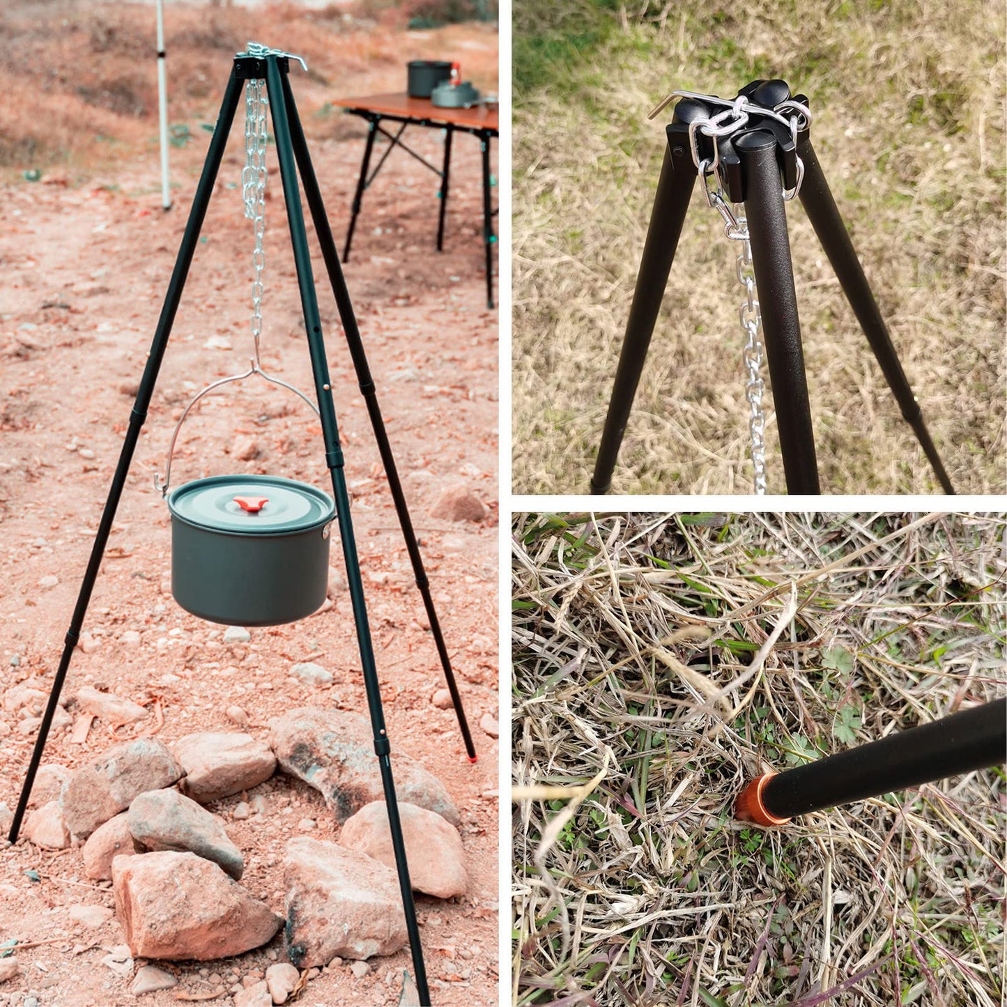 BORDSTRACT Camping Tripod, Heavy-Duty Steel Cooking Tripod, Plug in Design, Adjustable Camp Tripod, Campfire Cooking Equipment