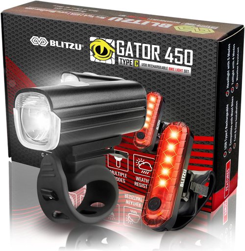 BLITZU Gator 450 Bike Lights Set – USB-C Rechargeable Headlight & Taillight with Reflectors for Night Riding