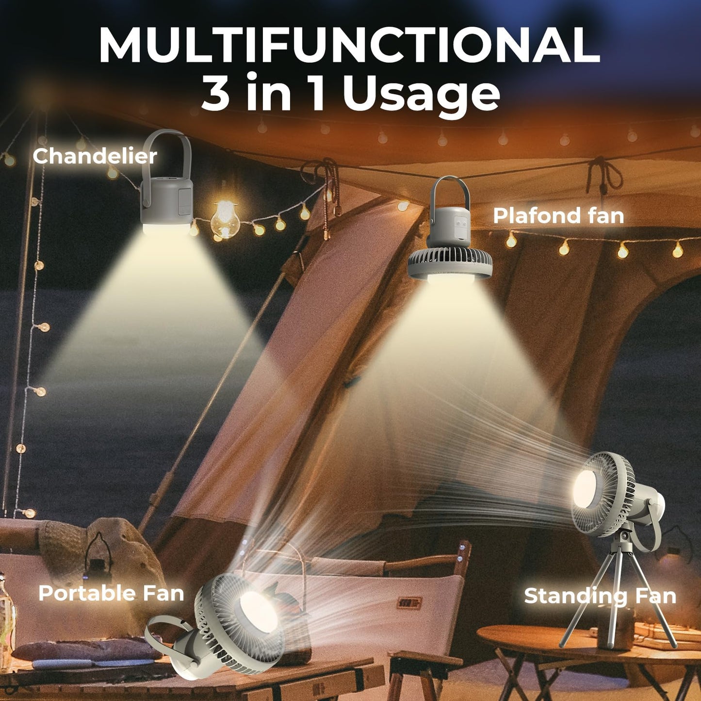 Atopskins Camping Fan with Removable Lantern, 8000mAh Battery Powered Fan with Hook, Tripod, Outdoor Rechargeable Fan Adjustable 3 Speeds Small Portable Tent Fan for Car Fishing Office Sleep