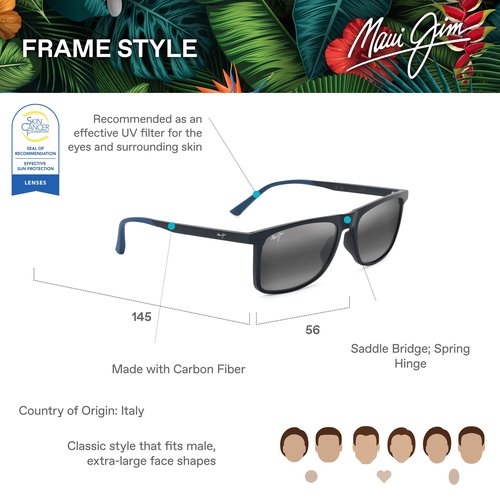 Maui Jim Makamae Square Sunglasses, Matte Blue/Neutral Grey Polarized, Extra Large