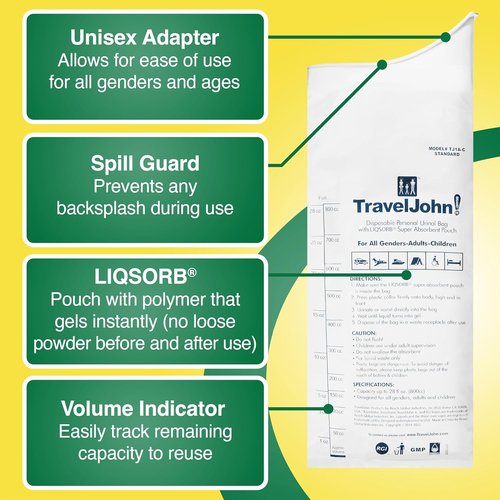 Disposable Urinal for All Genders, Adults, and Children (6 Pack) Designed for Emergencies, Travel, Camping, Long Car Rides, and More - 28oz/800ml Capacity (TJ1A-C)