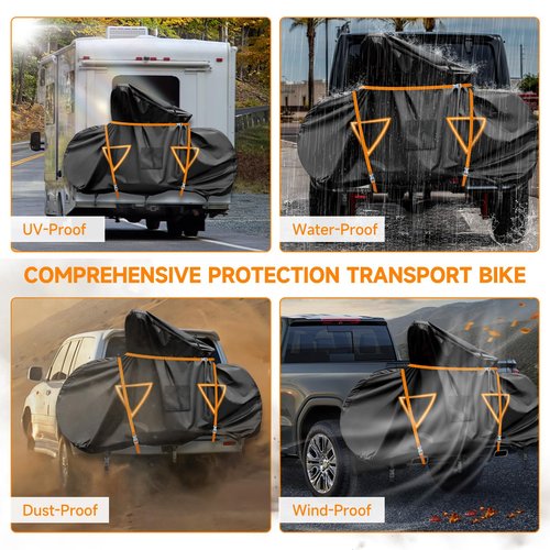 NEVERLAND Bike Cover for Transport on Rack, Bicycle Cover Outdoor Storage Waterproof All Seasons, 600D Oxford Materials, Travel Use for Car, Truck, RV, SUV - Light Night Reflectors for 2 Bikes