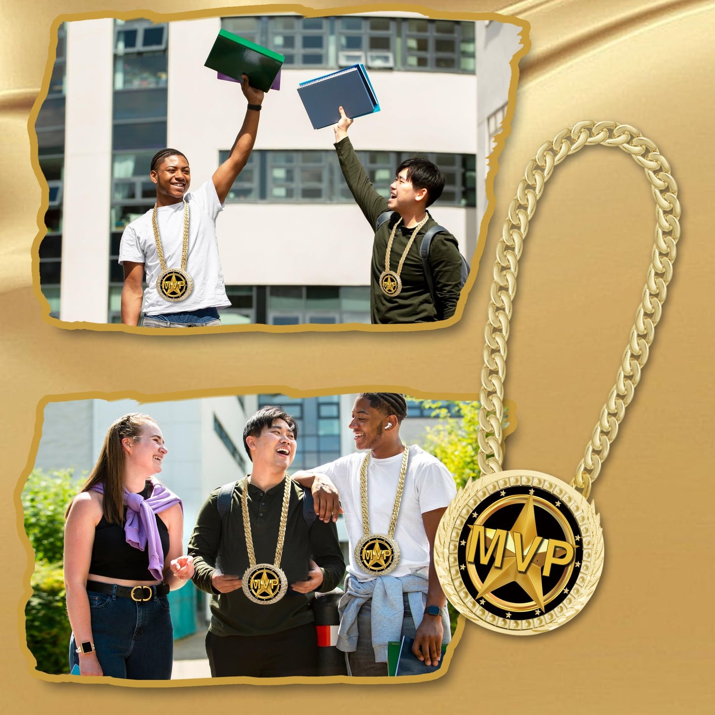 Gold MVP Award Medals Necklace - 6" Big Sports Achievements Champ Medal with Turnover Chain for Most Valuable Player,Champion Chain for Sports Competitions Celebration, Prize Gifts Party Favors