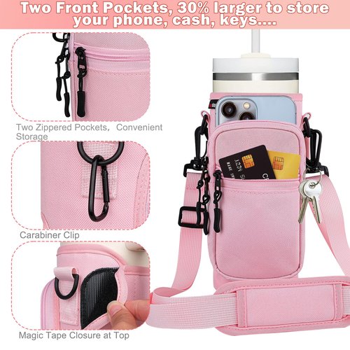 HEYSKAY Water Bottle Carrier Bag with Strap for Owala Carrier with Phone Pocket for 40/30oz Tumbler Carrier with 2PCS Straw Covers Stanley Accessories for Travelling