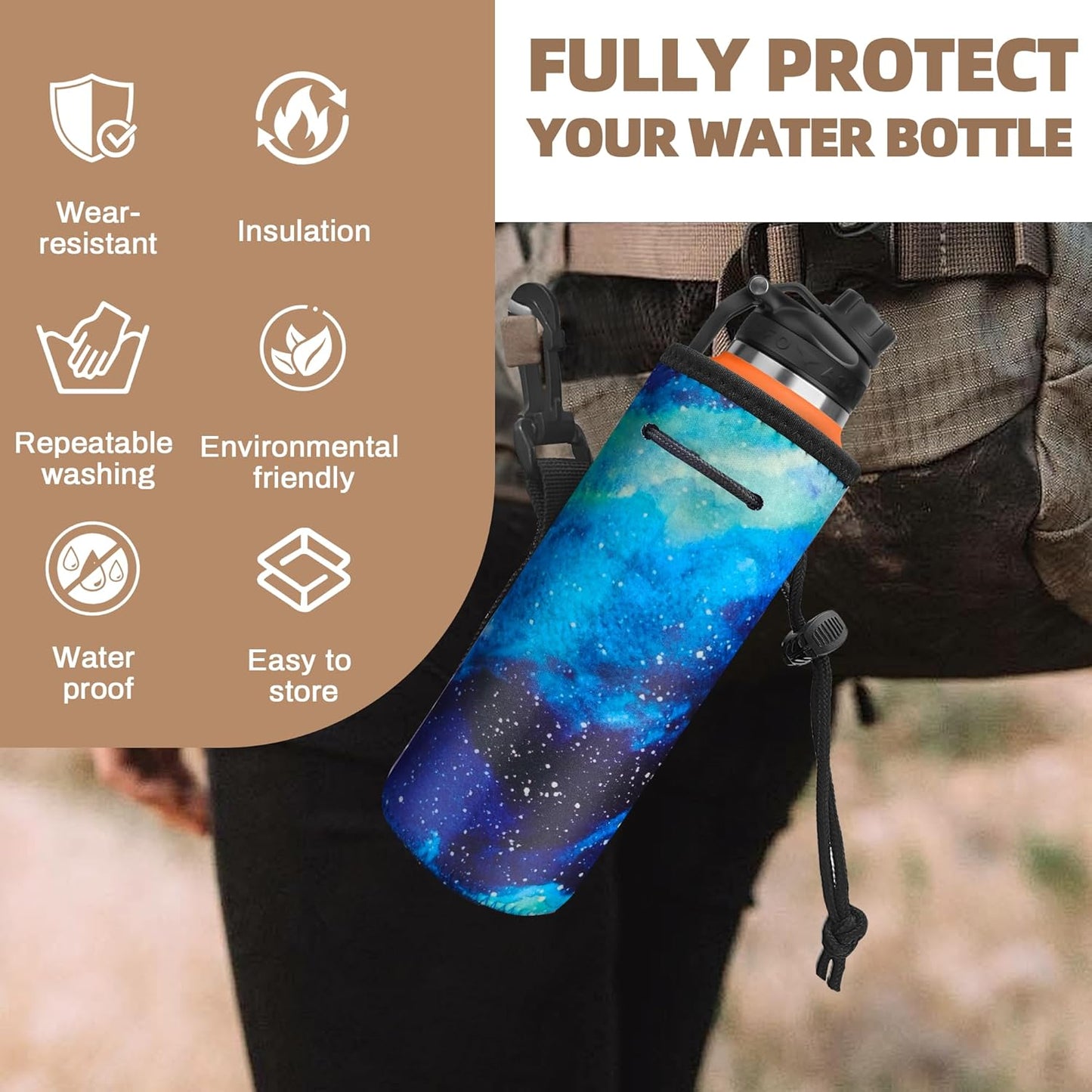 Water Bottle Carrier,Insulated Neoprene Water Gym Travel bottle Holder Bag Protector Sleeve Case Pouch Cover 0.6L or 0.75L, Great for Stainless Steel and Plastic Bottles (BLUE)