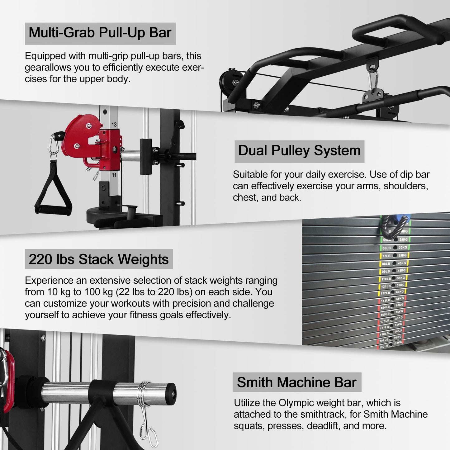 Fitness Dreamer All-in- One Strength Training Smith Cage, Squat Rack, Leg Hold-Down, LAT Pull-Down, 440 lbs Weight Stack for Home Gyms, Red, 86.61″Lx66.93″Wx87.80″H