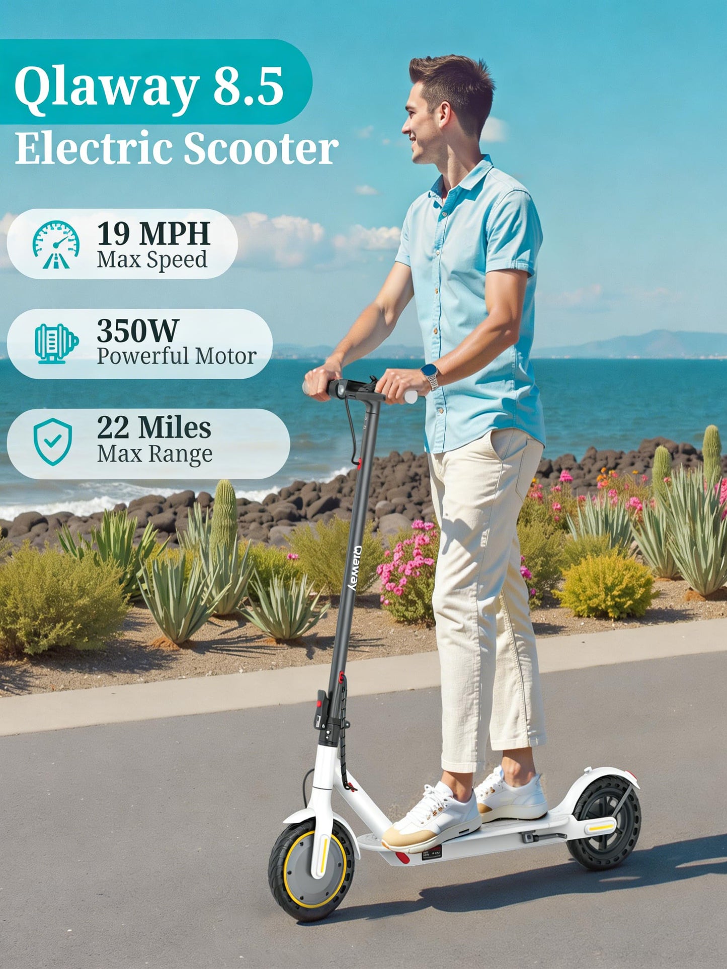 Qlaway Electric Scooter for Adults, 350W Motor, Top Speed 19Mph(31km/h), Max 22 Miles Ranges, 350W Motor, 8.5" Solid Tires, Aluminum Alloy Folding E Scooter with Dual Braking/APP Control