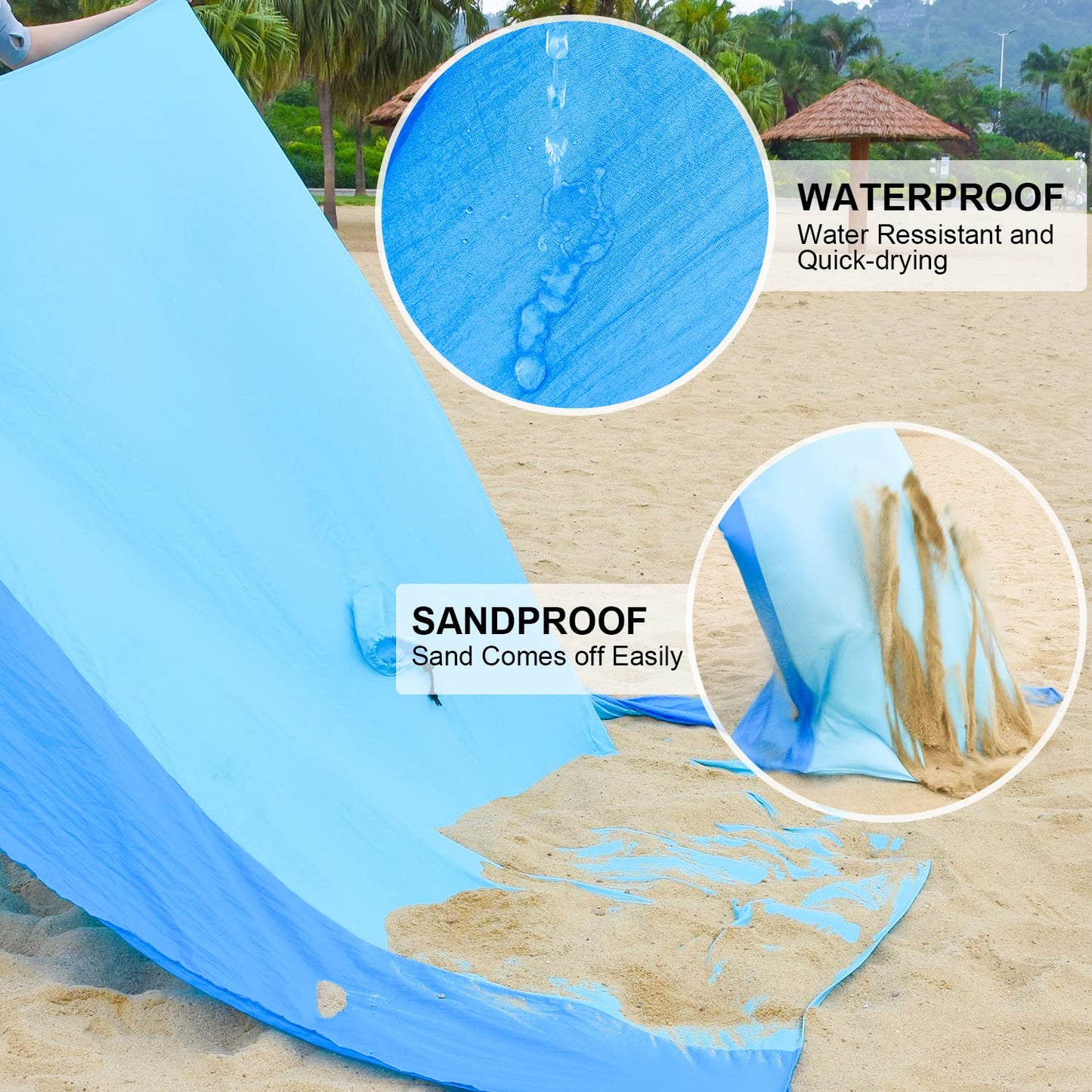 imgokaha Beach Blanket with Umbrella Hole, Large Beach Blanket Waterproof Sandproof, Comfortable Nylon Beach Mat Lightweight with 4 Stakes & 4 Corner Pockets Blue 7FT