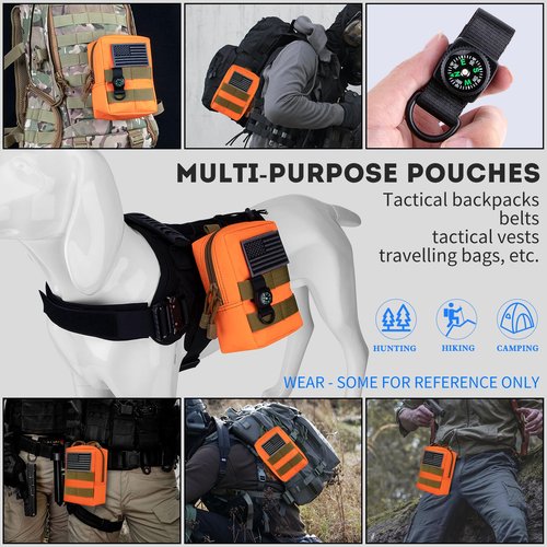 bvya 2 Pack Tactical Molle Pouch Multi-Purpose Compact Waist Pack Water-Resistant Small Utility EDC Pouch with Flag Patch for Molle Backpack, Mini Compass Included