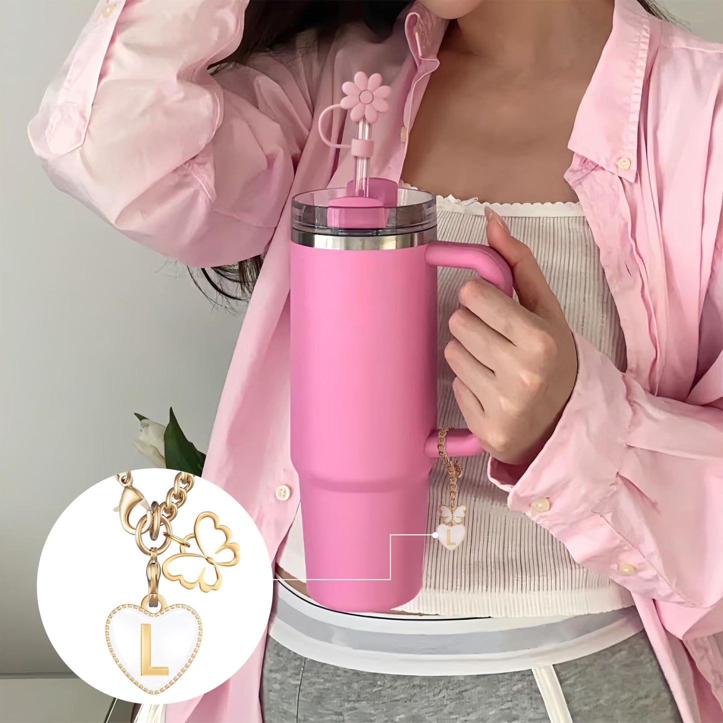 ANLABESY Compatible with Stanley Cup Accessories, 3PCS Hot Pink Straw Toppers for Stanley Cup Straw Cover Cap, 2PCS Cute Letter for 30&40 Oz Tumbler with Handle(A)