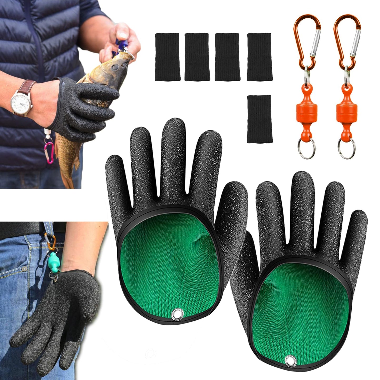 2Pcs Fishing Gloves with Magnet Release, Professional Anti-Slip Catch Fish Gloves for Women Men, Puncture Proof Ice Fishing Glove for Handling,Catching, Fisherman Fishing Accessories (Black)