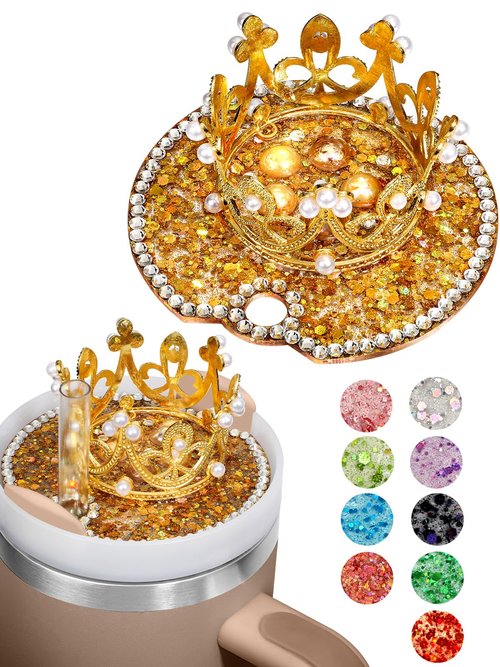 Toykee Lid Plate Topper for Stanley Cup 40 oz - Gold Crown Cute Decoration Accessories for Tumbler, Woter Botter Glitter Bling Decor for Women Girls