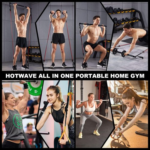 HOTWAVE Pilates Bar Kit with Resistance Bands,Ab Roller for Abs Workout, Squat Machine,Core Strength Training Equipment,Portable Home Gym for Men and Women