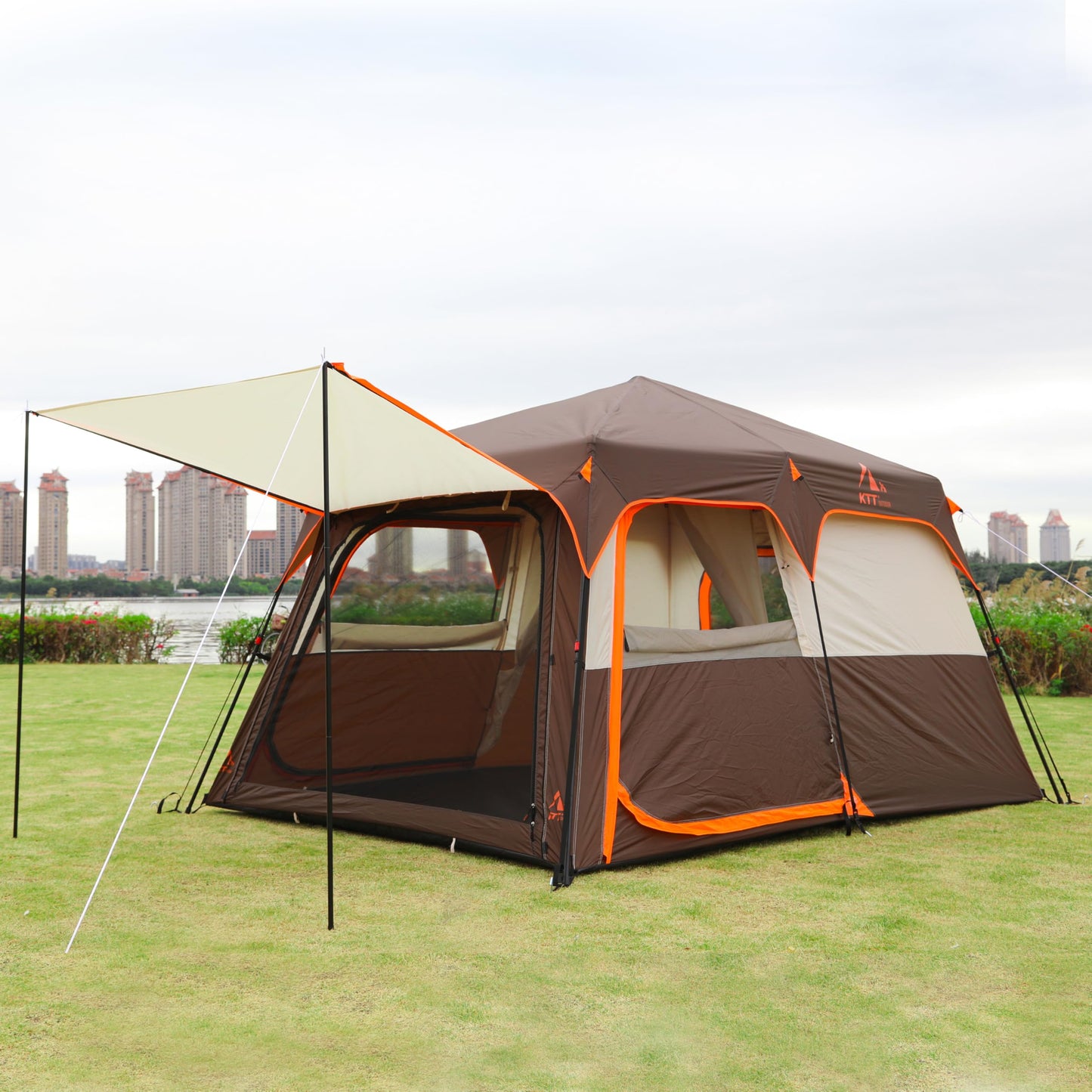 KTT Instant Tent 6 Person(B),Large Family Cabin Tents,Automatic Tent Build Quickly in 60S,2 Rooms,2 Top Windows,3 Doors and 3 Windows with Mesh,Waterproof,Big Tents for Outdoor,Picnic,Camping(Brown)