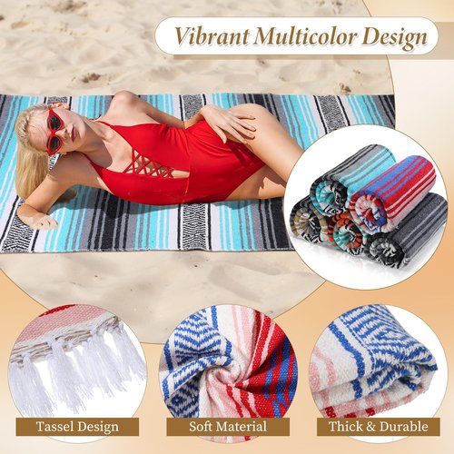 Preboun 10 Pieces Mexican Blanket Bulk Authentic Woven Yoga Blanket Large Picnic Camping Rug Colorful Striped Serape for Beach Outdoor Grass Car Home(Multi Color)