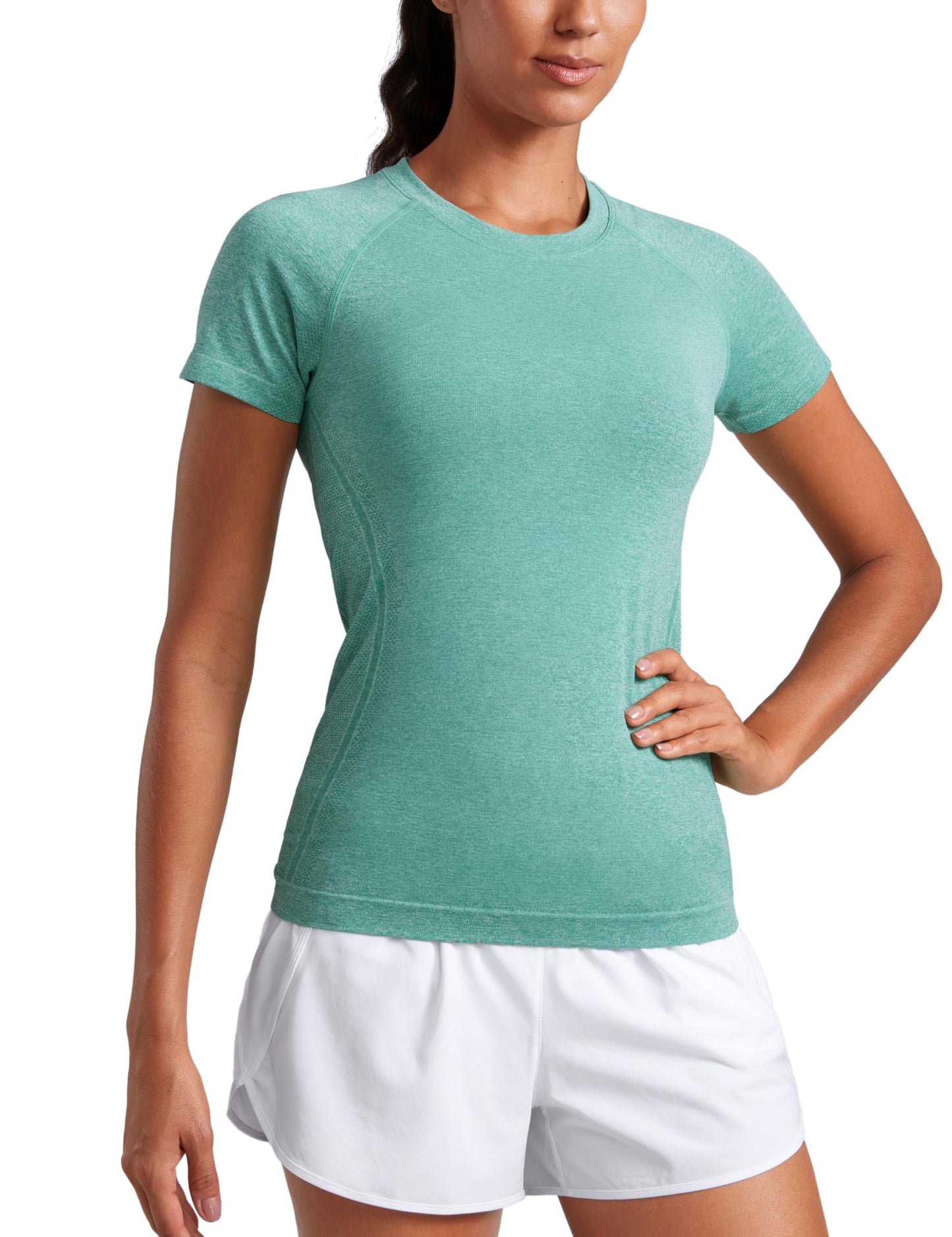 CRZ YOGA Seamless Workout Tops for Women Hip Length - Athletic Running Gym Yoga Short Sleeve Shirts Breathable Crewneck Tees Cascadia Green Heather Medium