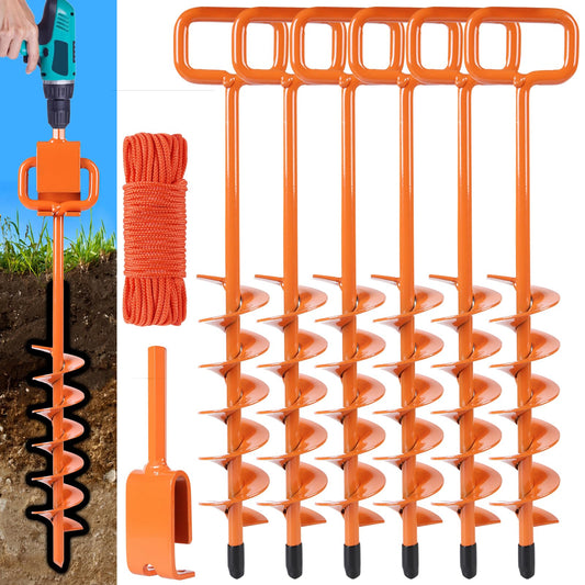 2025 Heavy Duty Ground Anchors Screw in - Tent Stakes Heavy Duty, Orange Spiral Stakes for Trampoline, Camping & Hard Ground, Mobile Home Anchors (6PCS,15in)