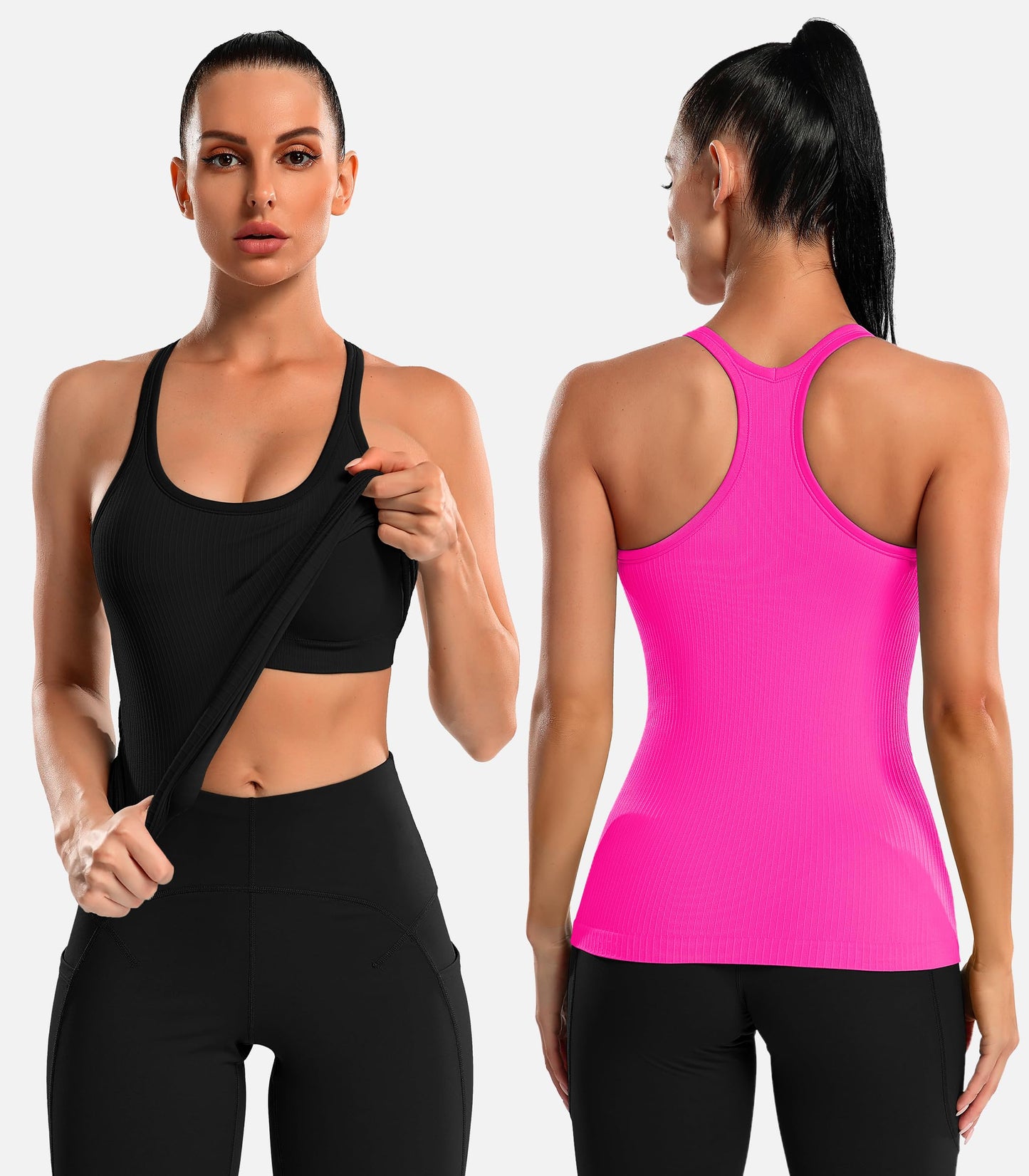 ATTRACO Ribflex 2 Pack Racerback Tank Tops for Women Built in Bra Tank Top Sleeveless Workout Tops S Black/Hot Pink