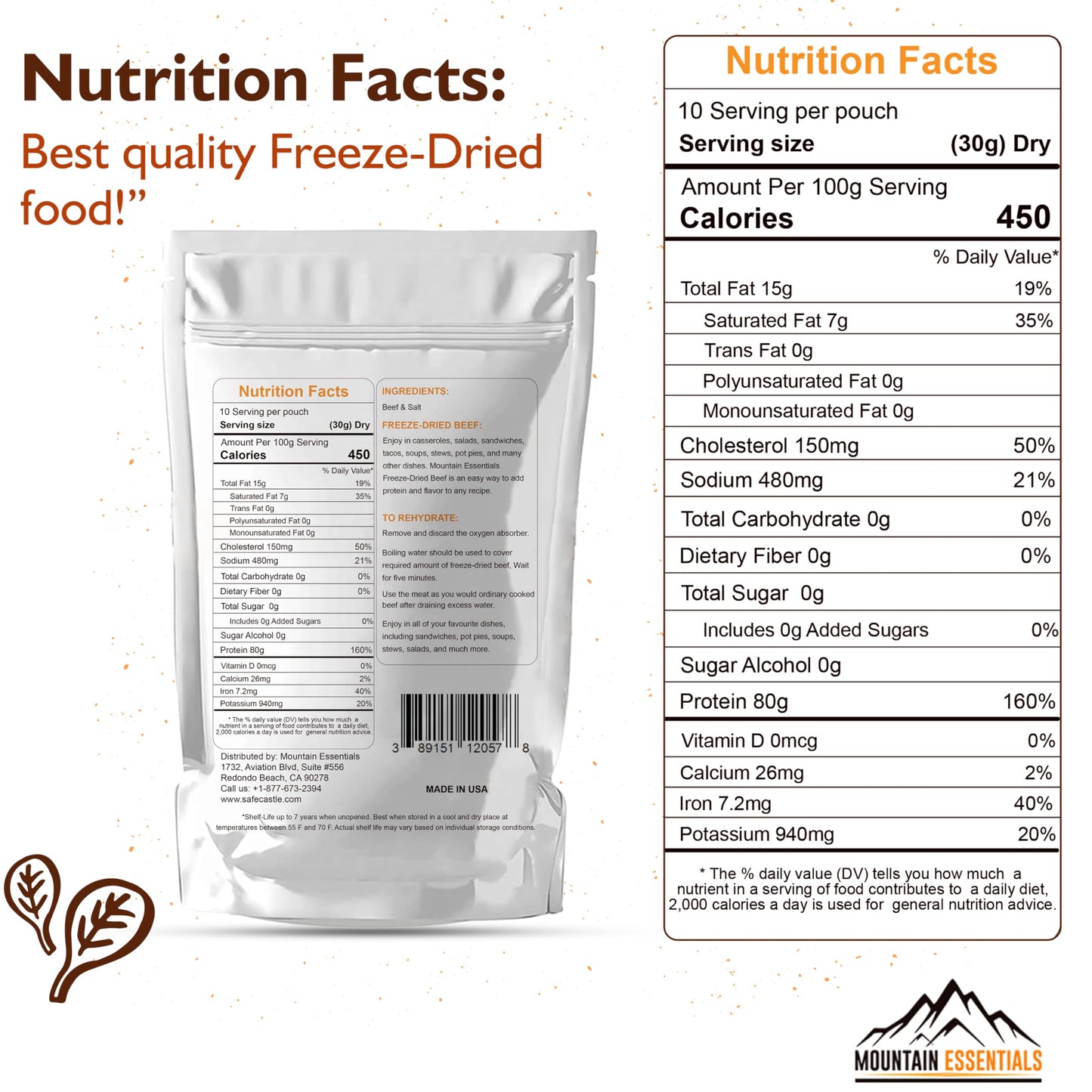 MOUNTAIN ESSENTIALS Freeze-Dried Diced Beef – Fully Cooked Pre-Cooked Meat | 240g High Protein Intake | 10 Servings per Pouch | Ready-to-Eat Meal Prep | Pantry Staples, Daily Meals, Emergency Survival, Camping Food | 7-Year Shelf Life | Made in USA | Pack