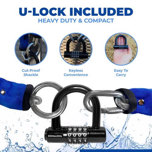 DocksLocks 8mm Security Chain Lock Set (3', 6' or 10') Heavy Duty, Cinch Style, Weatherproof, Hardened Carbon Steel, Includes Compact U-Lock 3ft