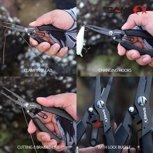 SAMSFX Locking Fishing Pliers Saltwater Resistant Teflon Coated Briad Line Cutters with Wire Coiled Lanyard, Sheath & Quick Knot Tool Combo (Black Color)