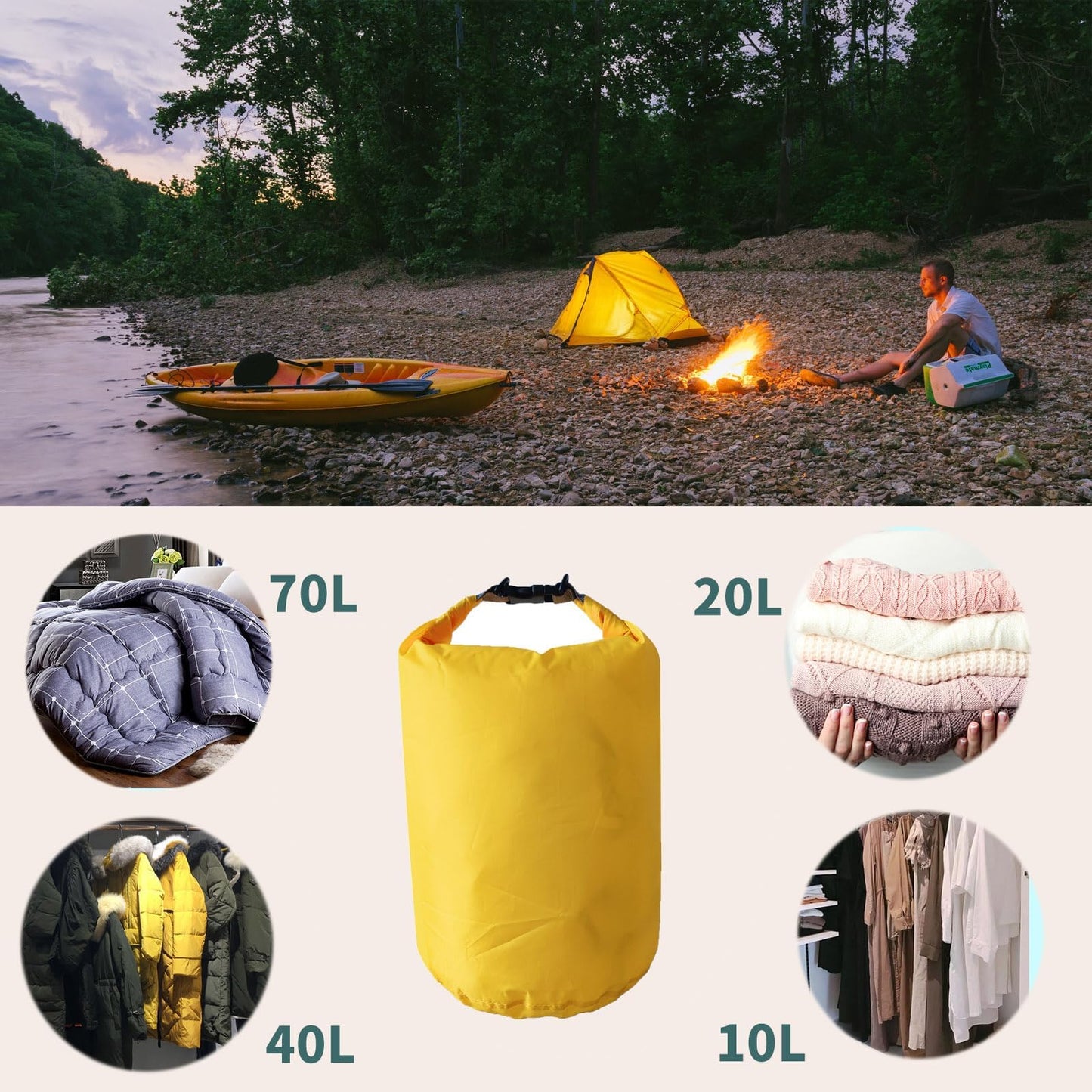 Sanpierazaar Dry Bags Waterproof, Ultralight Dry Sack, 10L/20L/40L/70L Waterproof Bags,Roll Top Sack for Kayaking, Beach, Rafting, Boating, Hiking, Camping,Swimming (Yellow, 40L)
