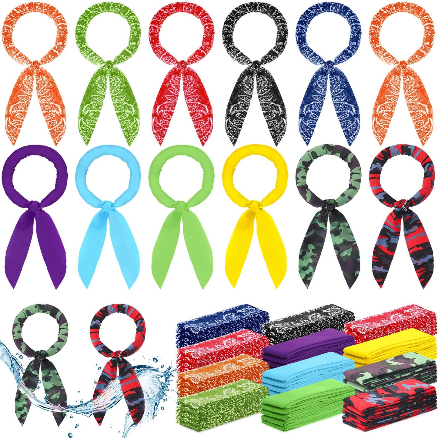 48 Pcs Ice Neck Cooler Bulk Cooling Wraps Cool Scarf for Extremely Hot Weather Water Evaporative Cooling Bandana Headband for Men Women Waking Running Hiking Golf Camping Indoor (Bright Style)