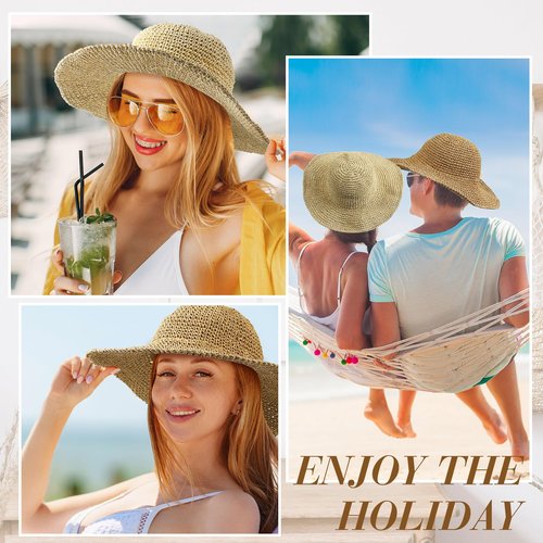 Bonuci 6 Pcs Floppy Paper Straw Sun Hat Foldable Packable Wide Brim Scarecrow Hat Breathable Crochet Bucket Beach Hat(Khaki, Beige,Classic)