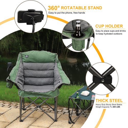 LANMOUNTAIN Oversized XL Folding Camping Chair,Heavy Duty Support 400Lbs,Large Comfy Padded Camp Chair for Adults,Lawn Arm Chair w/Cup Holder,Phone Holder,Carry Bag Perfect for Outdoor (Green)
