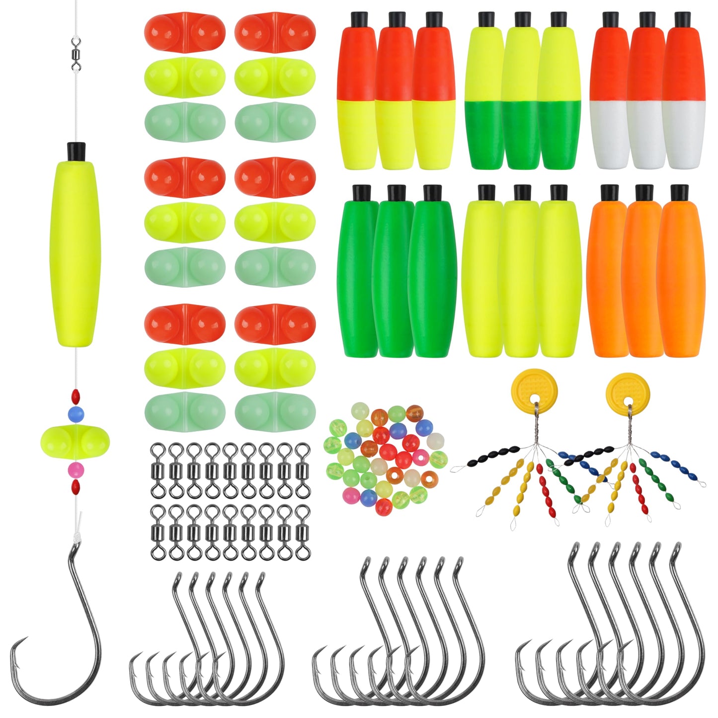 AGOOL Catfishing Tackle Making Kit Catfish Rig Accessories 124PCS Catfish Tackle with Catfish Floats Catfish Hooks Bobber Stoppers Swivels Fishing Rattle Bells Fishing Beads Santee Cooper Rig