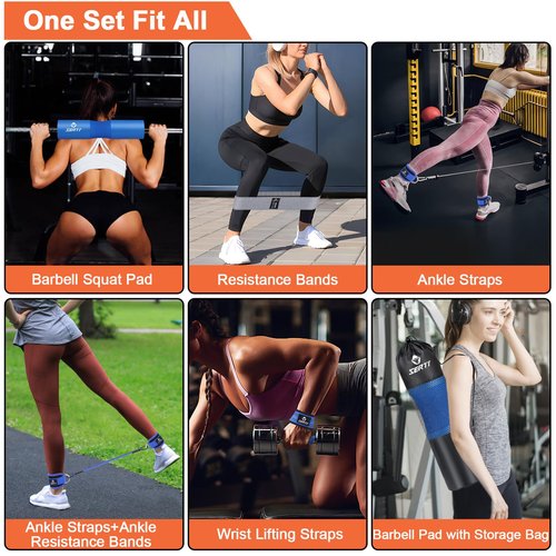 SERTT 12Pcs Foam Barbell Pad Set for Squats, Hip Thrust Pad Gym Essentials Set for Workout, 1 Gym Pad, 1 Carry Bag, 2 Lifting Strap, 2 Ankle Cuffs, 3 Ankle Risistance Band, 3 Hip Resistance Bands
